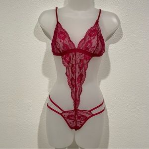shein red lace mesh lace lingerie sexy bodysuit